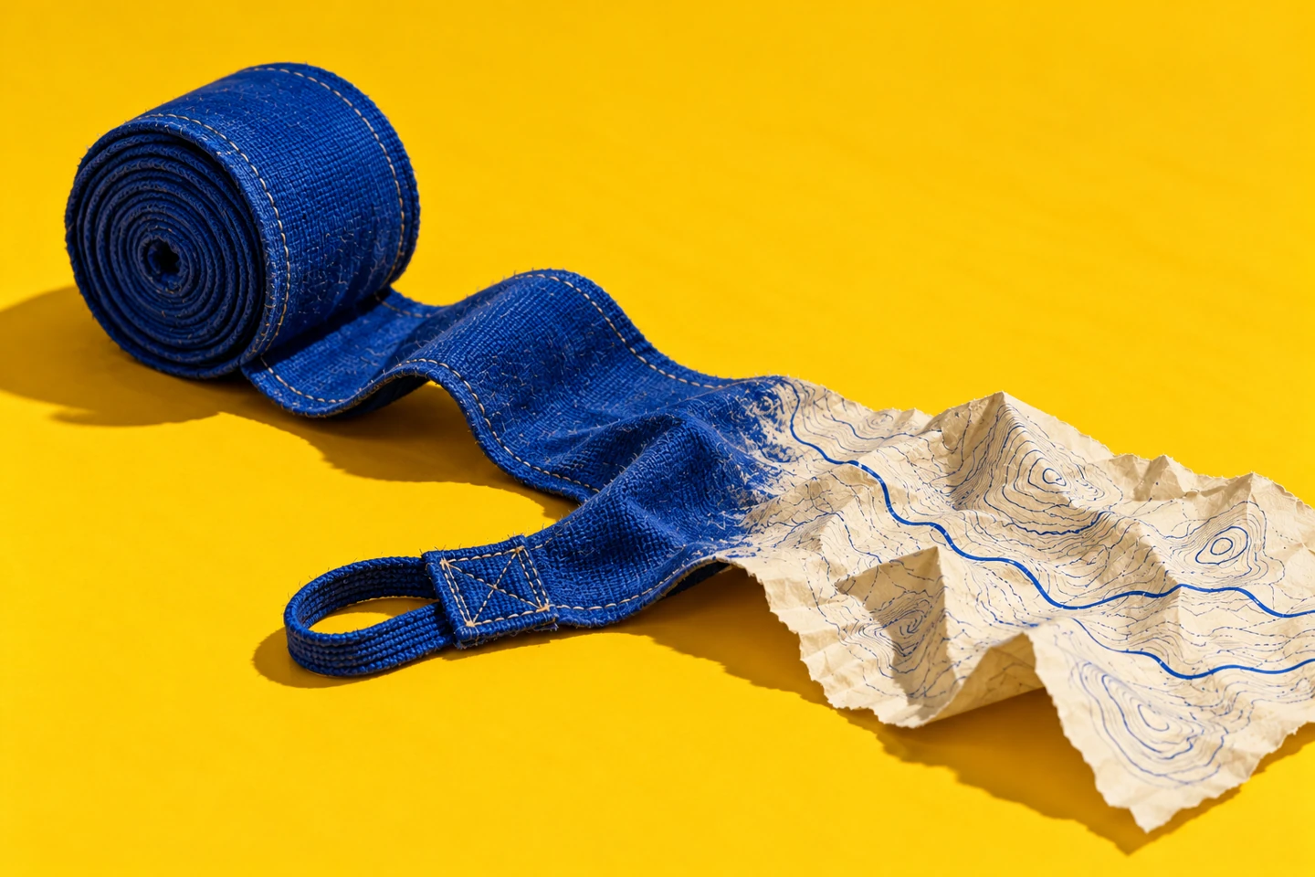 Een rol blauwe boksbandage ontvouwt zich tot een papieren landkaart
