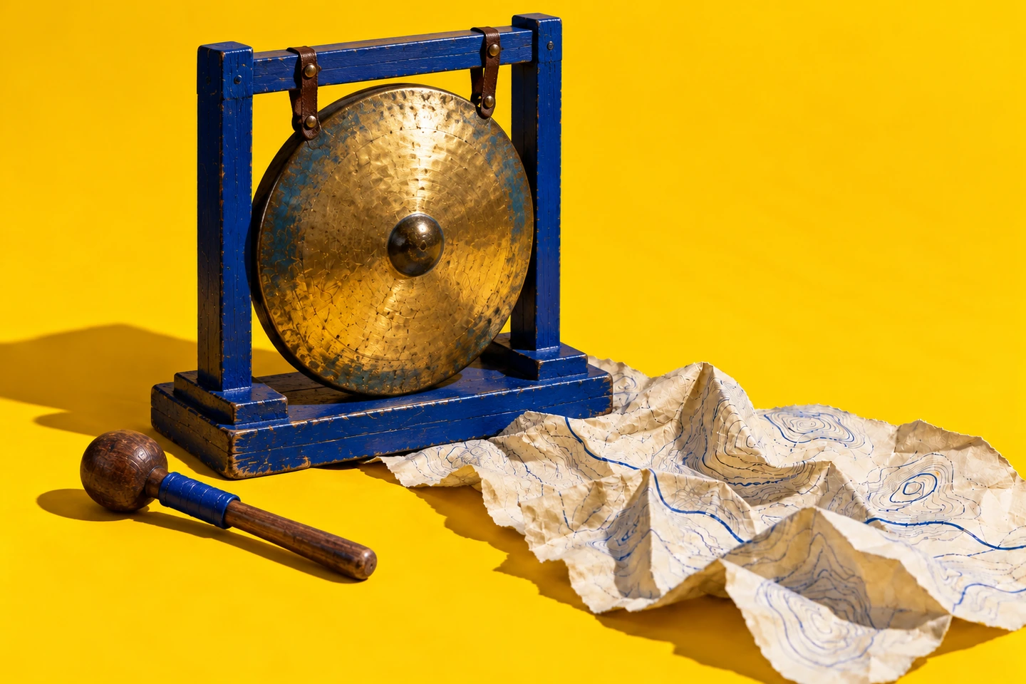 Een messing boksgong in een blauwe houten standaard, met klopper en een papieren landkaart
