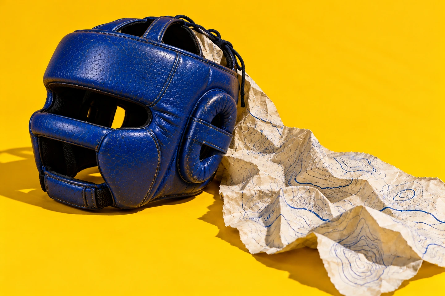 Een blauwe bokshelm met gezichtsbeschermer en een papieren landkaart