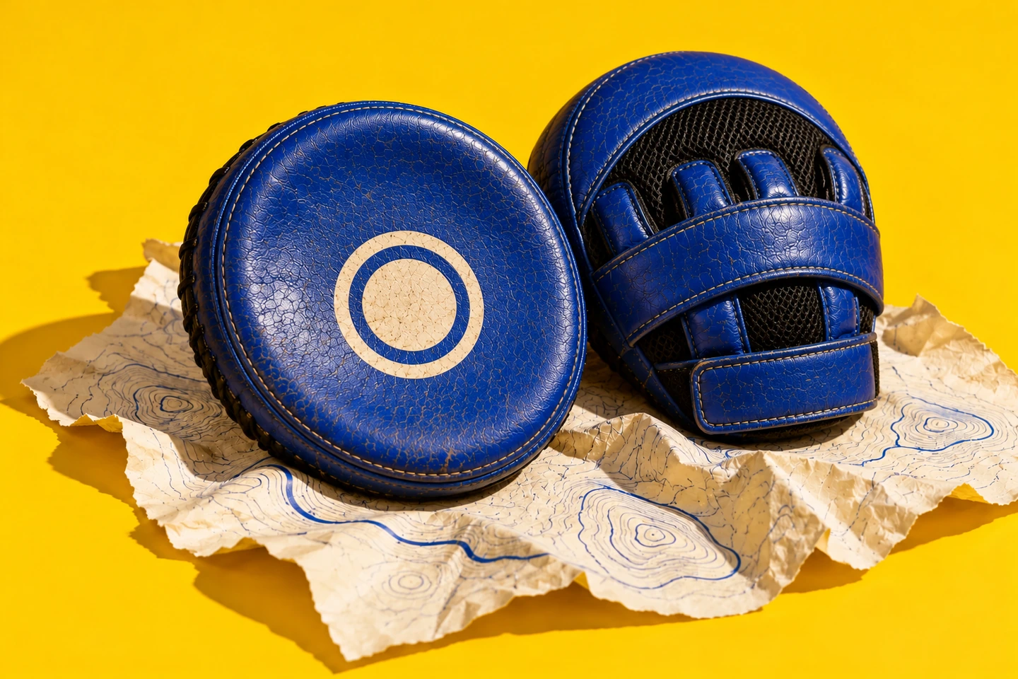 Twee blauwe leren bokspads op een papieren landkaart